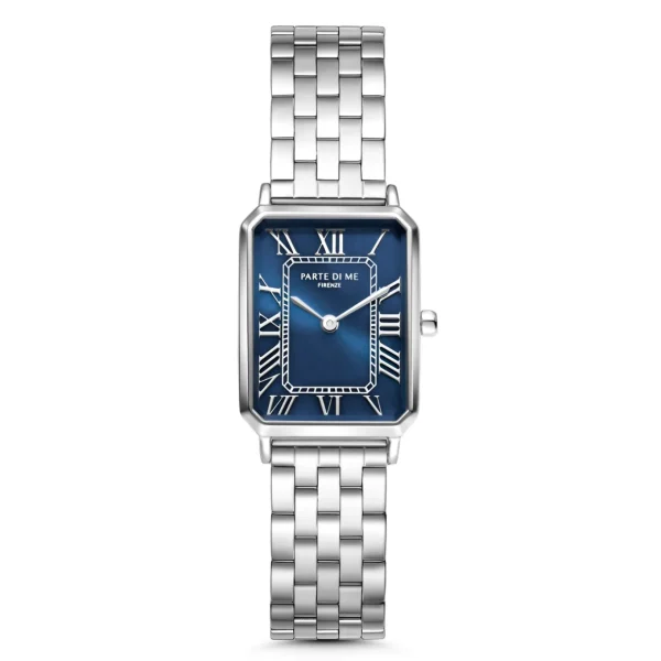 Orologio rechthoekig dameshorloge zilverkleurig en donkerblauw