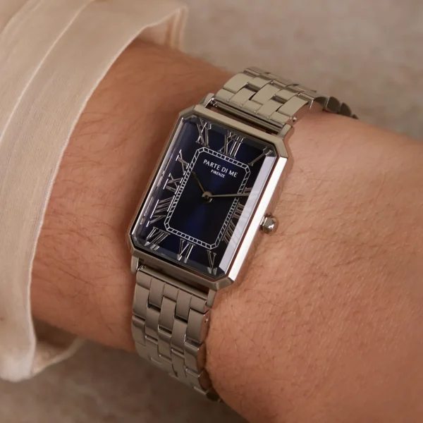 Orologio rechthoekig dameshorloge zilverkleurig en donkerblauw