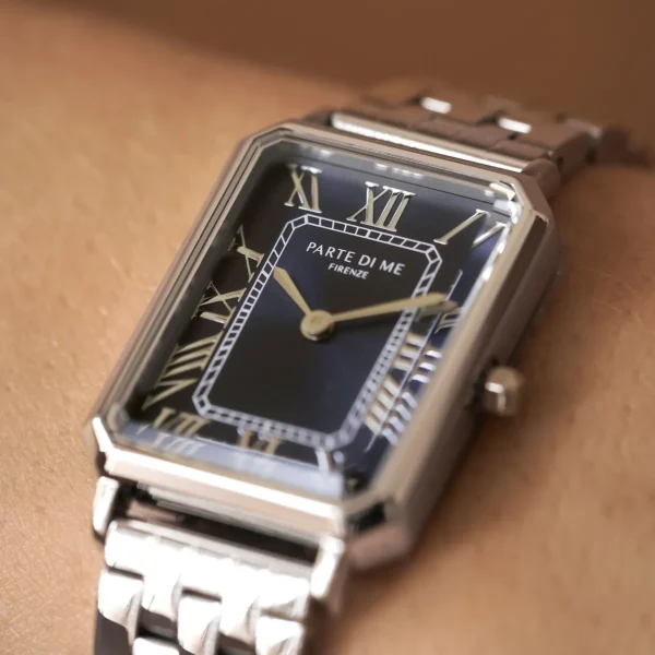 Orologio rechthoekig dameshorloge zilverkleurig en donkerblauw